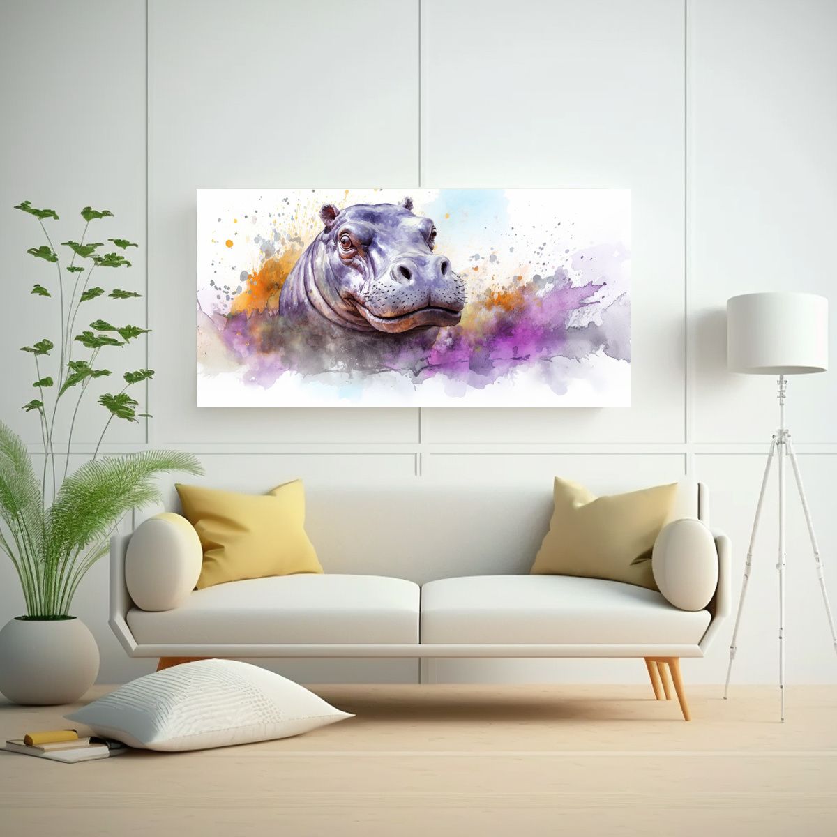 GENERICO - Pintura En Bastidor Hipopótamo Acuarela Colorida  160x80cm.