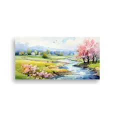 GENERICO - Paisaje Primaveral Con Acuarelas En Colores Armoni 160x80cm.