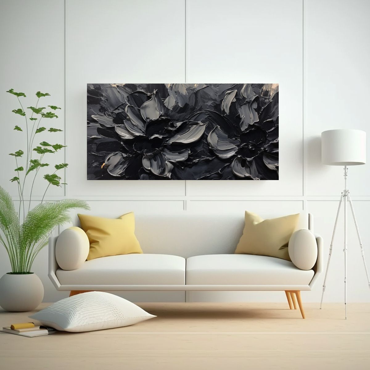 GENERICO - Pintura Al Estilo óleo Abstracta De Flores Negras 160x80cm.