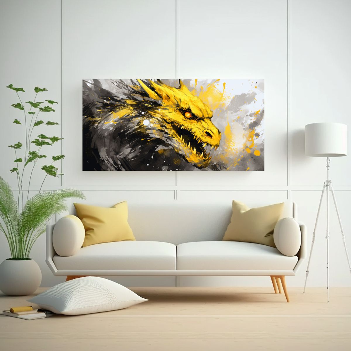 GENERICO - Cuadro Decorativo Moderno Dragón En Amarillo Y B 160x80cm