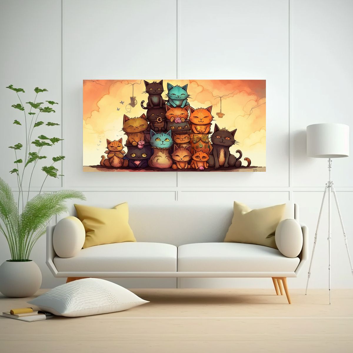 GENERICO - Pintura De Gatos Multicolores En Pila Mirando Haci 160x80cm.