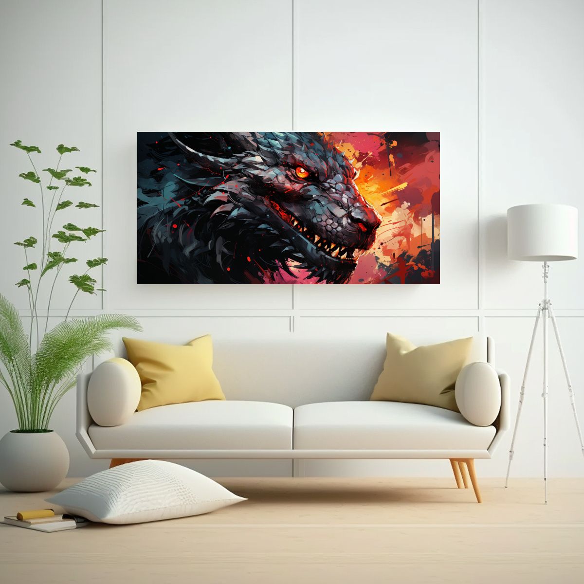 GENERICO - Cuadro Vintage Luminoso Con Dragón Rojo Y Negro  160x80cm