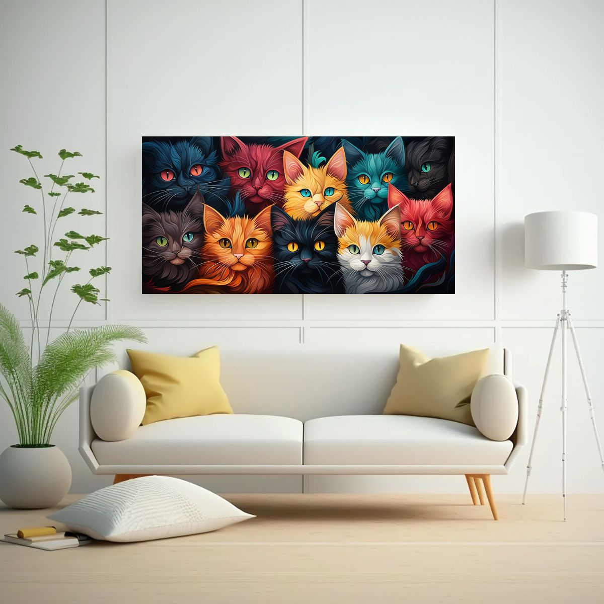 GENERICO - Cuadro De Gatos De Colores En Composición Rectang 100x50cm