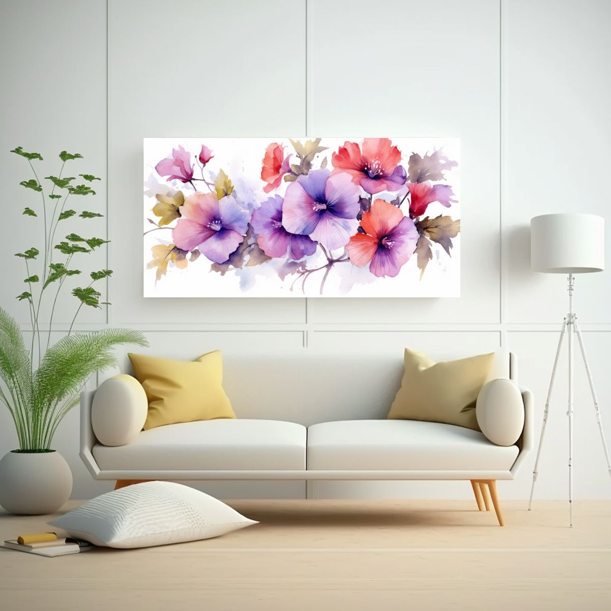 GENERICO - Cuadro Patron Intenso Flores Acuarela Blanca 160x80cm.