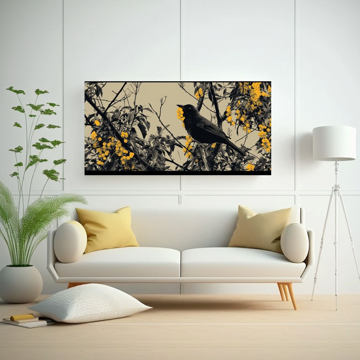 GENERICO - Pintura Decorativa De Ave Comiendo Bayas Amarillas 160x80cm.