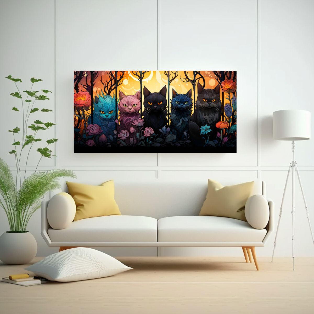 GENERICO - Cuadro Tela Simetría Gatos Negros Sonrientes Manc 160x80cm.