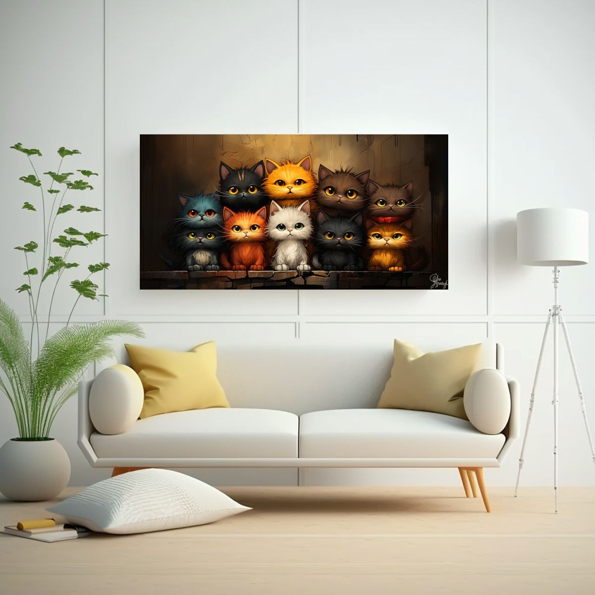 GENERICO - Cuadro De Gatos De Colores Sobre Fondo Naranja 160x80cm