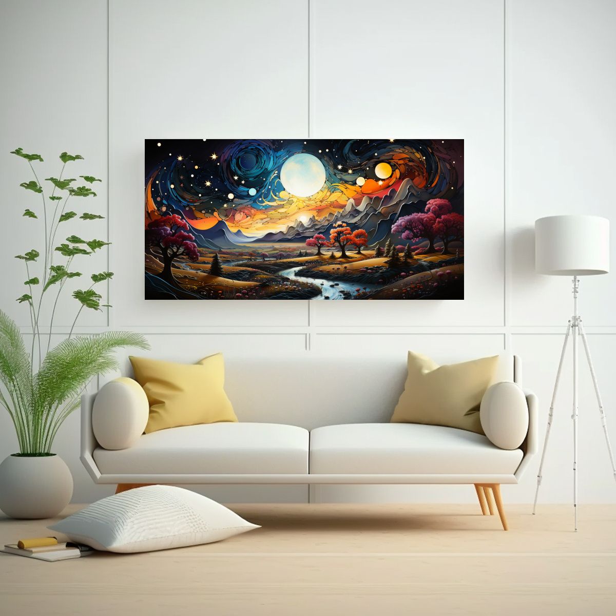GENERICO - Pintura Con Luna Cerca De Montañas Estilo Ilustr 160x80cm