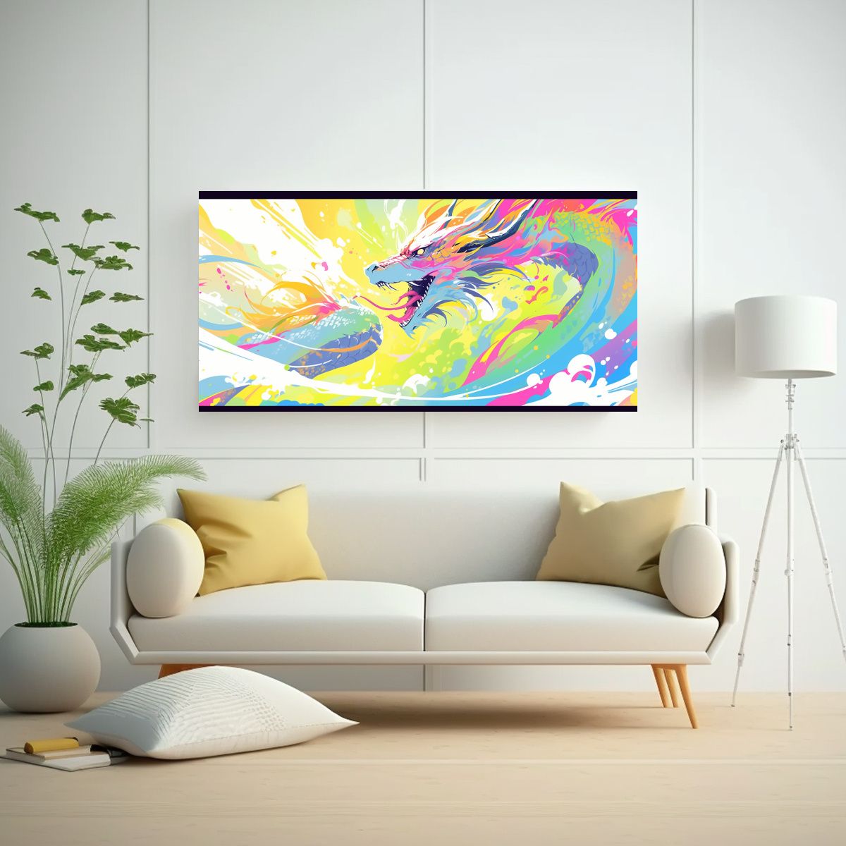 GENERICO - Cuadro En Bastidor Acuarela Dragón Arcoíris Y Am 160x80cm