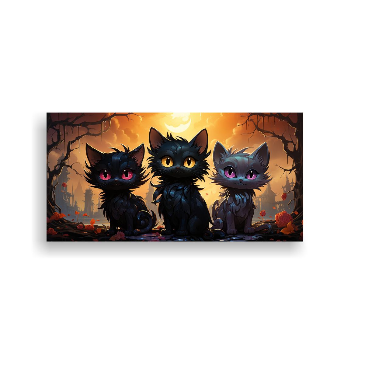 GENERICO - Cuadro De Gatos Negros En Grupo Sobre Una Pila 160x80cm