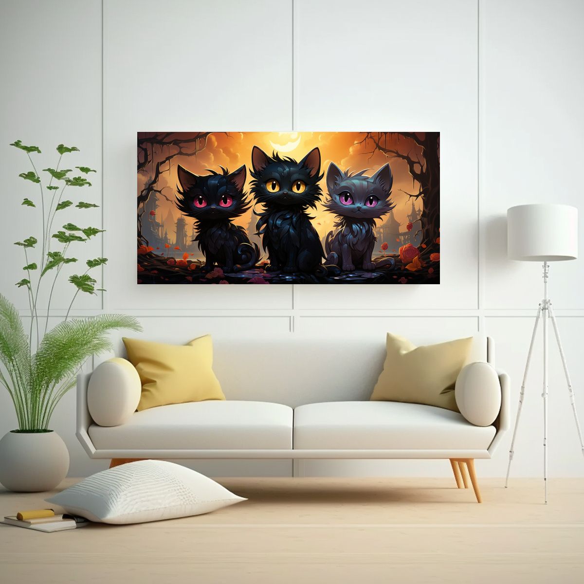 GENERICO - Cuadro De Gatos Negros En Grupo Sobre Una Pila 160x80cm