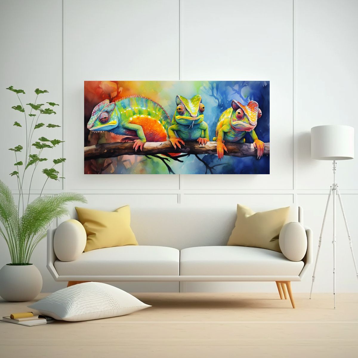 GENERICO - Lienzo De Tela Abstracción Camaleones En Acuarel 160x80cm.
