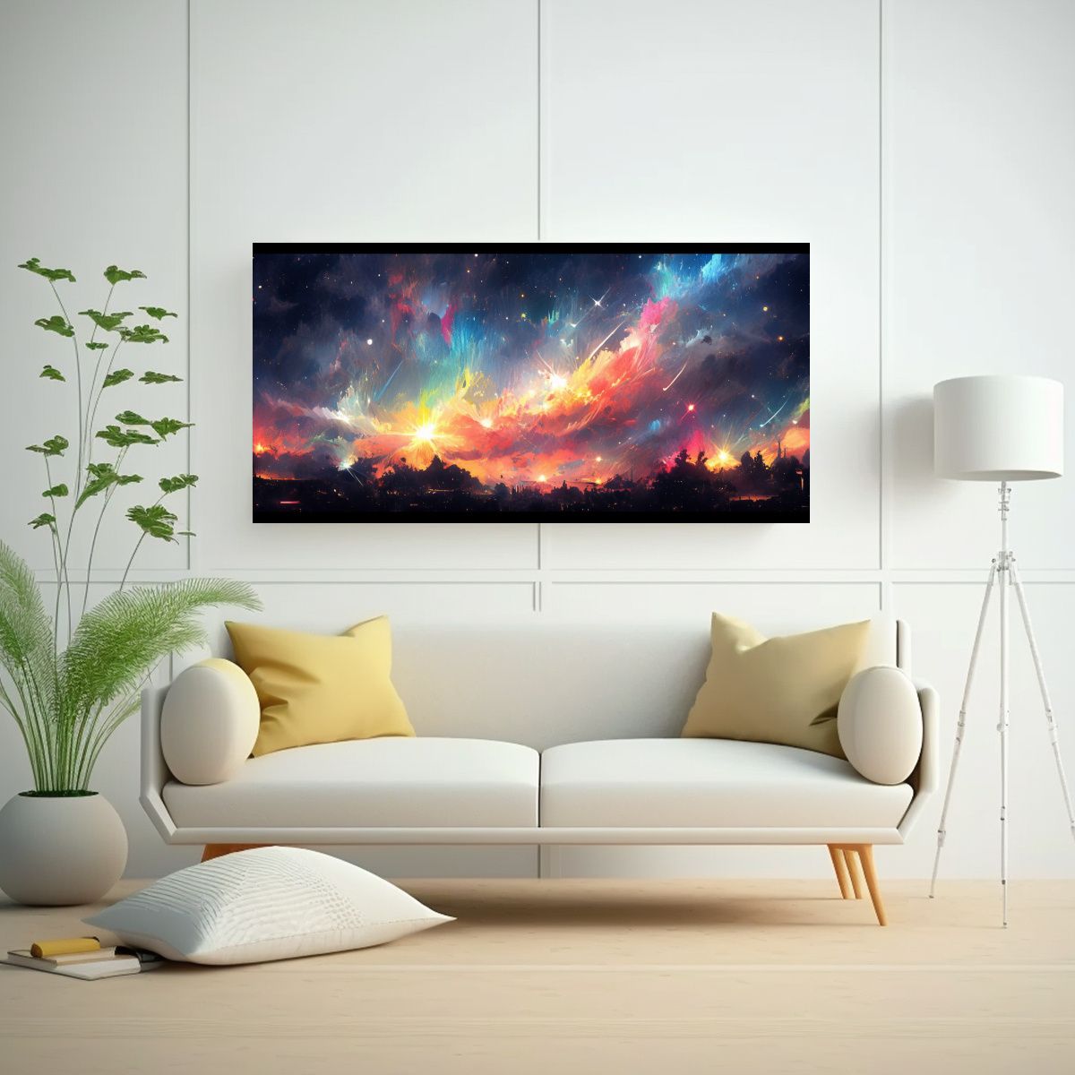 GENERICO - Pintura En Lienzo Colorida Noche Con Arcoíris Y N 160x80cm