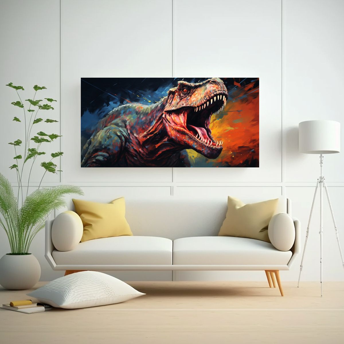 GENERICO - Pintura Al Estilo óleo Detallada De Un Tiranosaur 160x80cm.