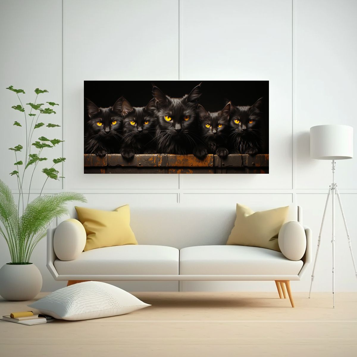 GENERICO - Cuadro Horizontal Gatos Negros Ojos Amarillos Pers 160x80cm