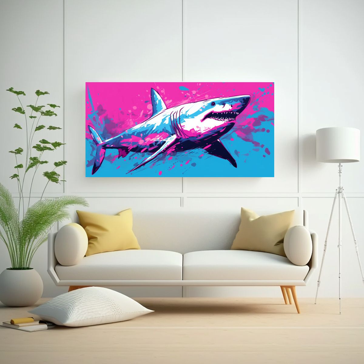 GENERICO - Cuadro Tela Vintage Tiburón Blanco En Turquesa Y  160x80cm