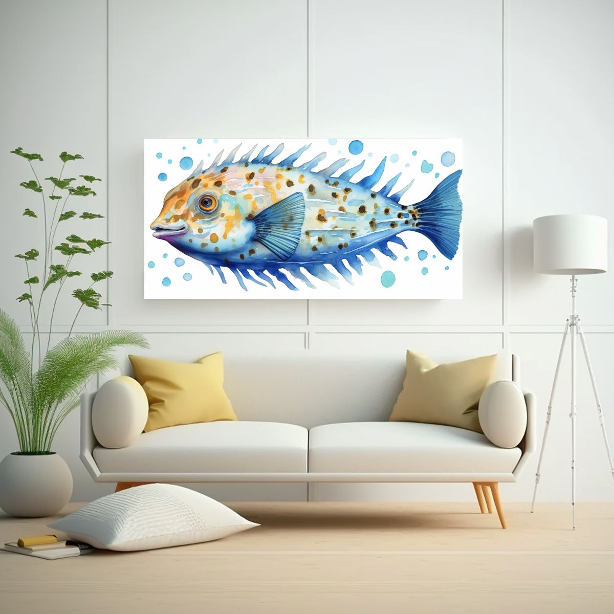 GENERICO - Cuadro Puffer Fish Acuarela Intensa En Lienzo 160x80cm