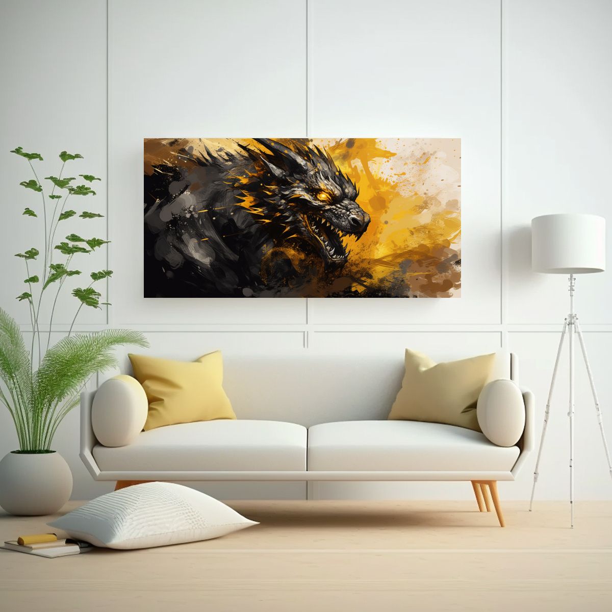 GENERICO - Cuadro En Bastidor Patrón Intenso Dragón Oro Y N 160x80cm