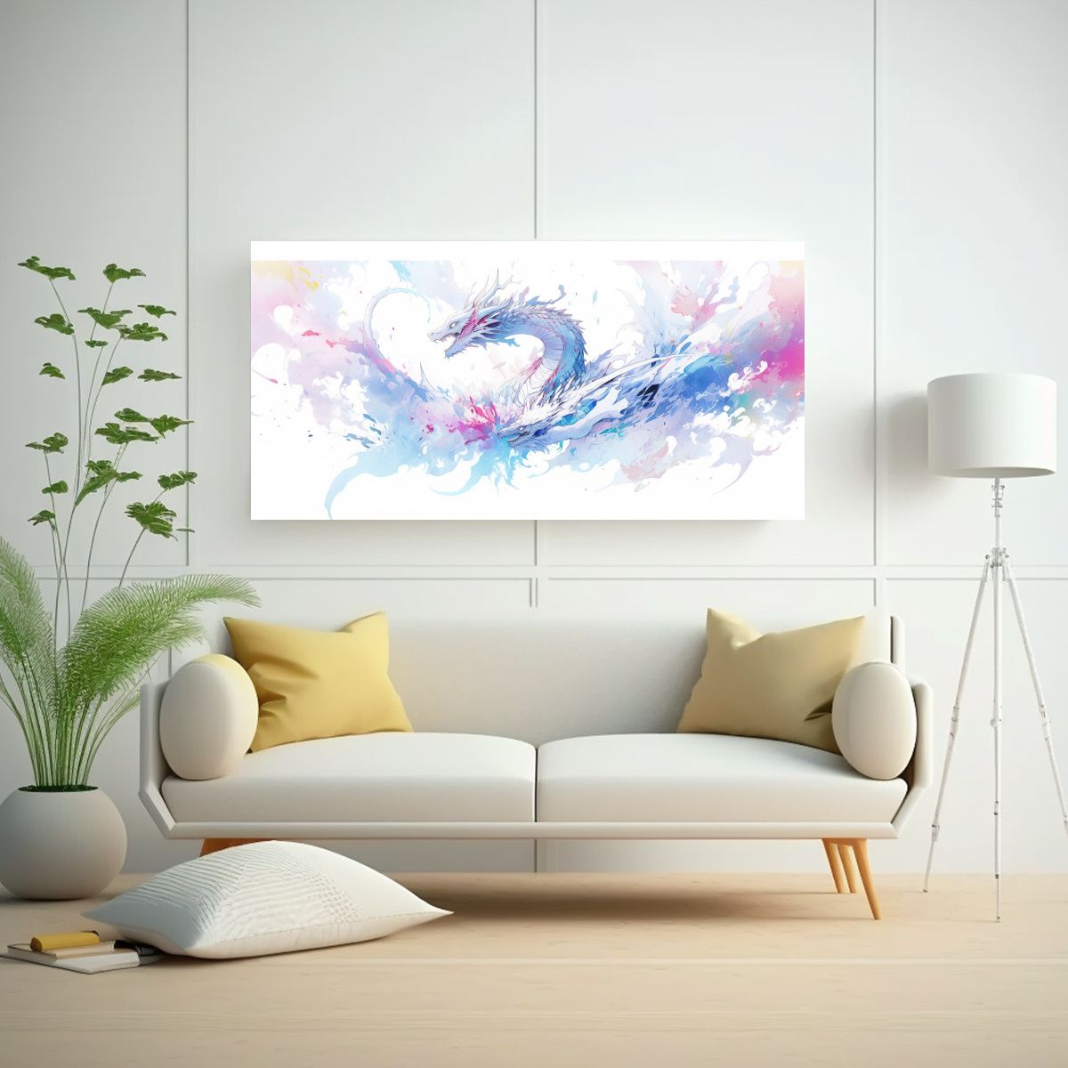 GENERICO - Pintura De Pared Dragon Acuarelas Blancas Modernas 160x80cm