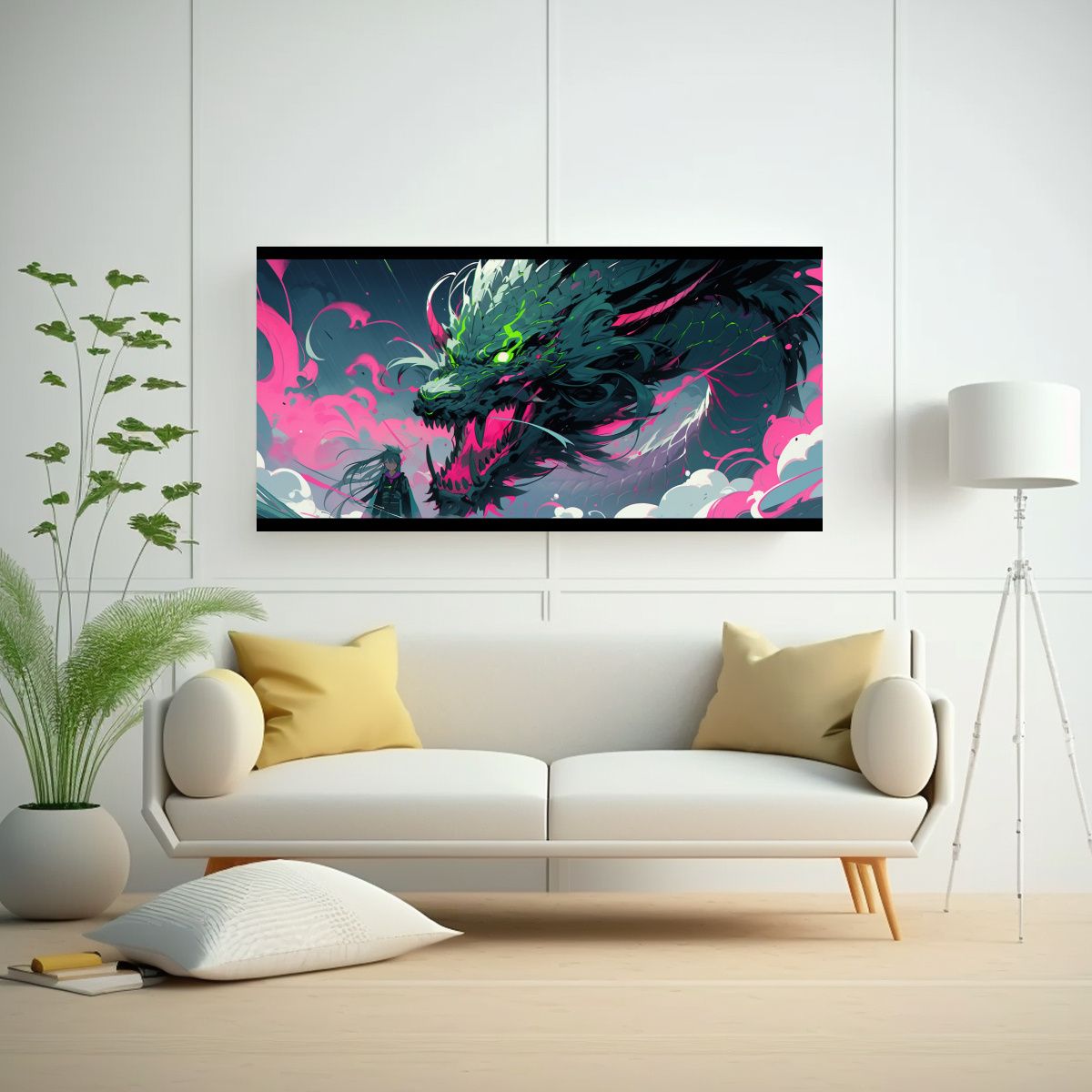 GENERICO - Cuadro Decorativo De Dragón En Tonos Verde Y Rosa 160x80cm