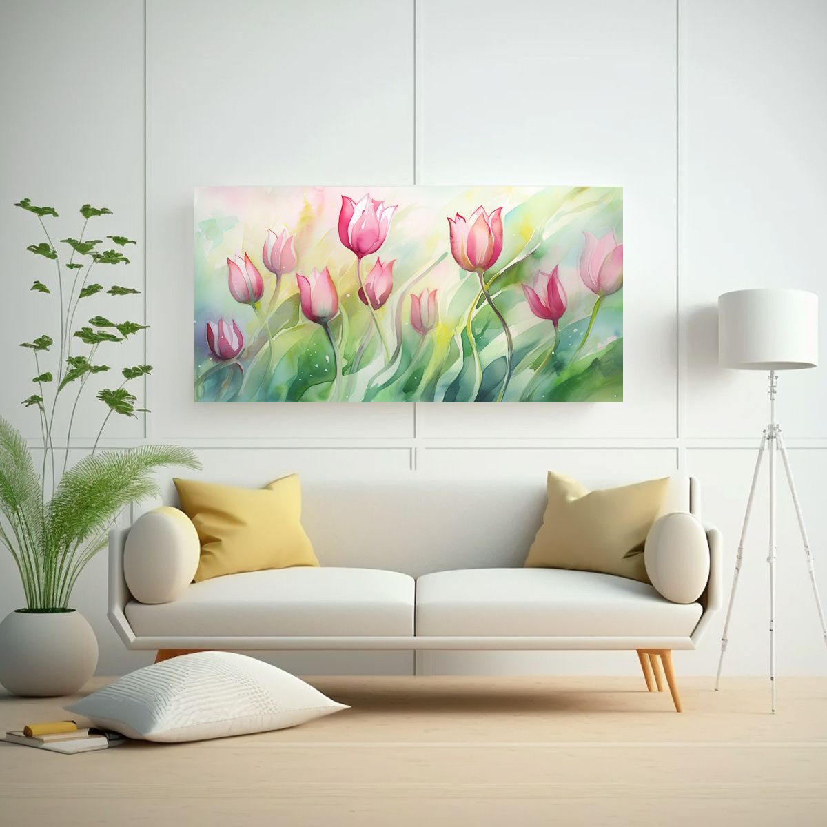 GENERICO - Pintura Abstracta De Tulipanes En Colores Verdes Y 160x80cm.