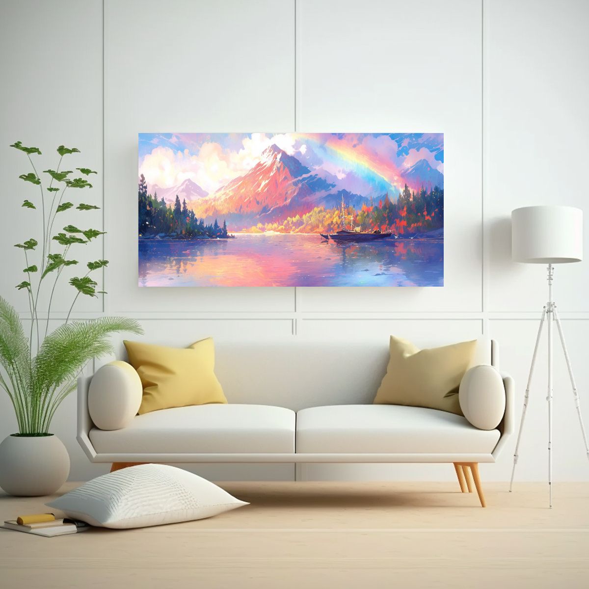 GENERICO - Pintura De Paisaje Montañoso Con Arcoíris Y Colo 160x80cm