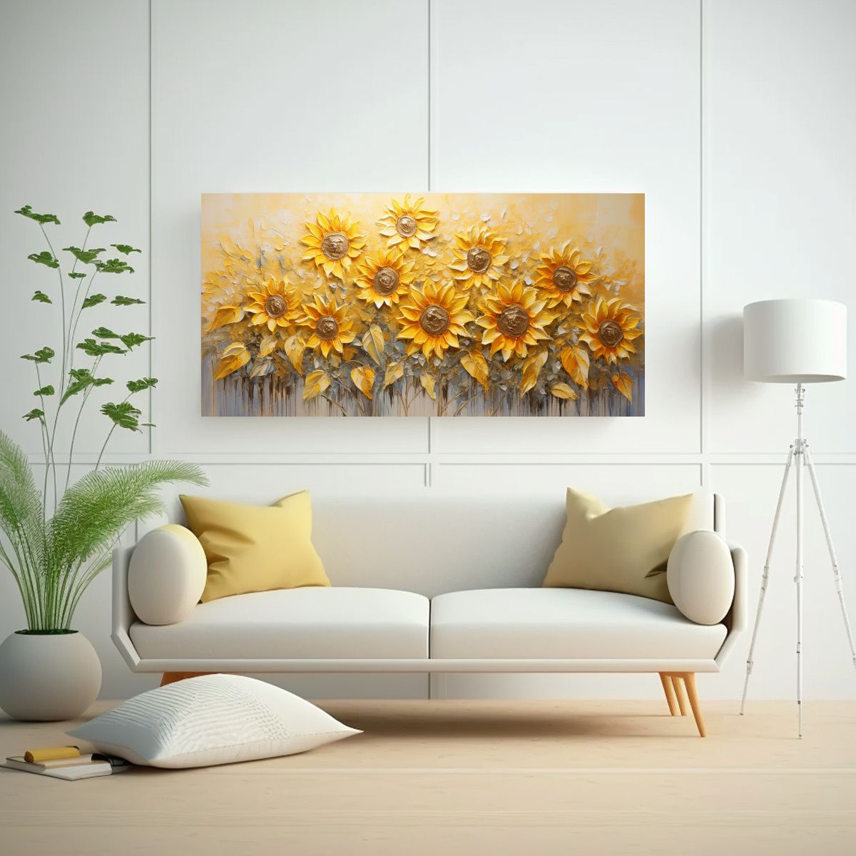 GENERICO - Pintura Abstracta De Girasoles Amarillos En Lienzo 160x80cm.