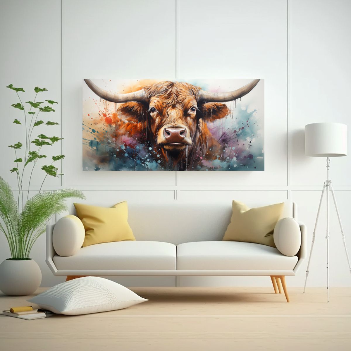 GENERICO - Cuadro Composición Mágico Vaca Longhorn Acuarela 160x80cm
