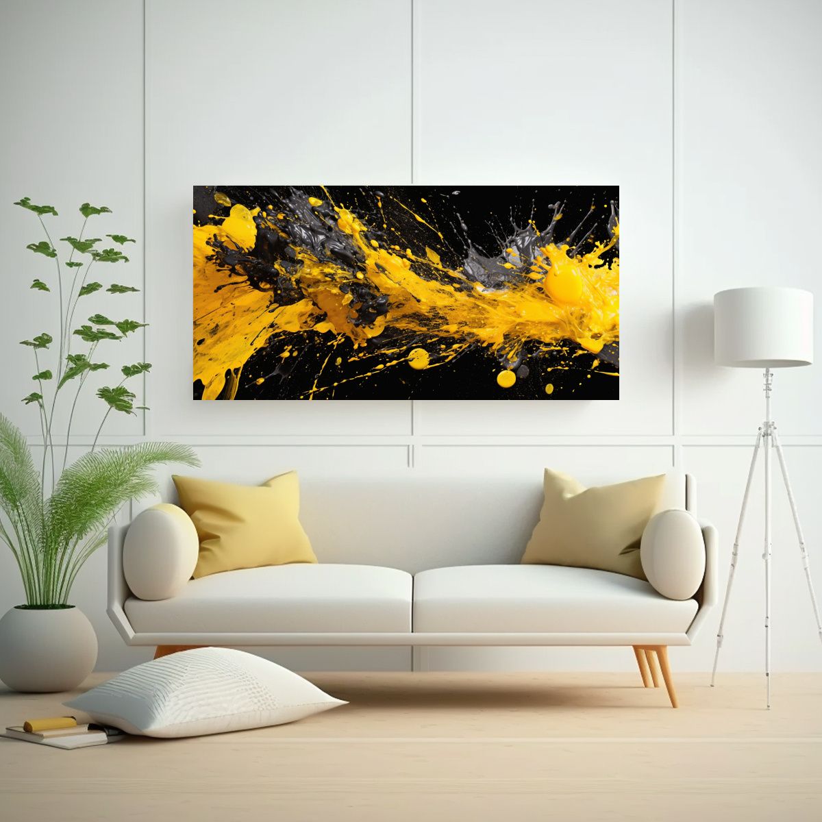 GENERICO - Pintura Abstracta Amarilla Sobre Fondo Negro Sens 160x80cm