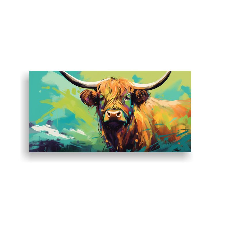 GENERICO - Cuadro De Highland Cow En Vibrantes Colores Verdes 160x80cm