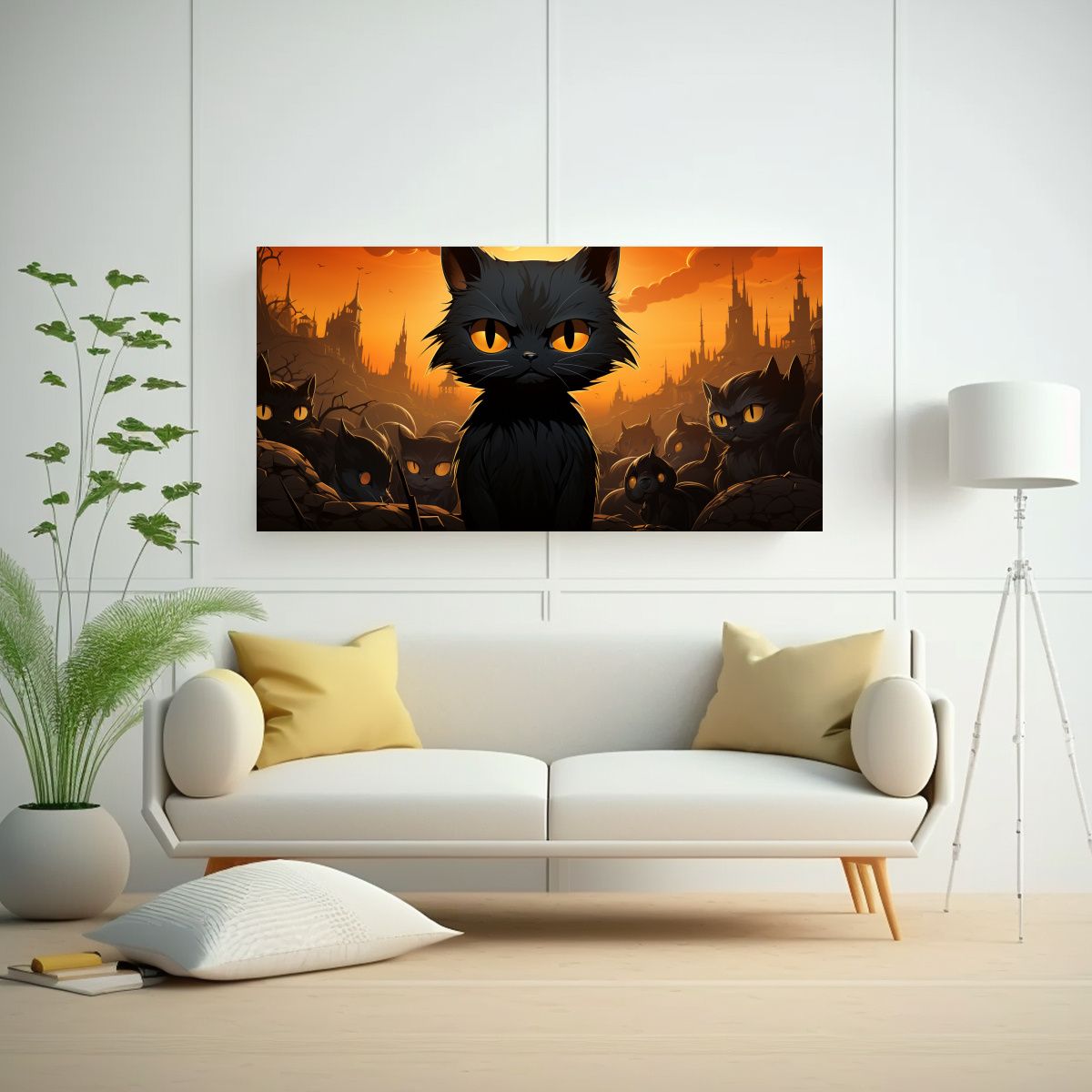 GENERICO - Cuadro De Gatos Negros Sobre Fondo Naranja 160x80cm