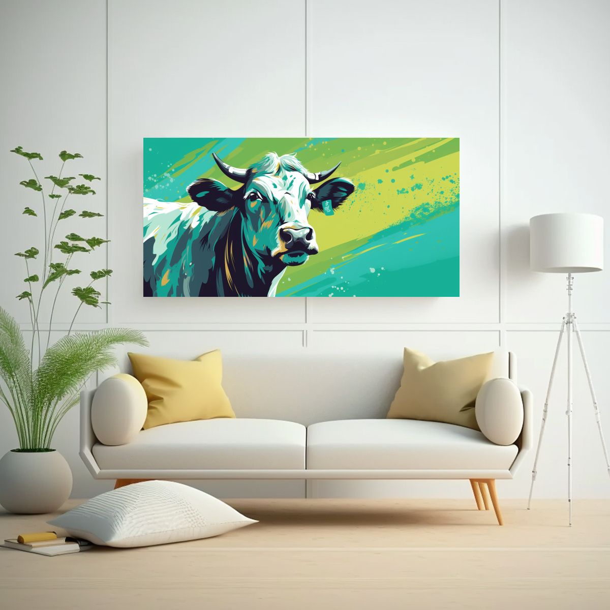 GENERICO - Cuadro Dormitorio A Vaca Hereford En Verde Y Turqu 160x80cm