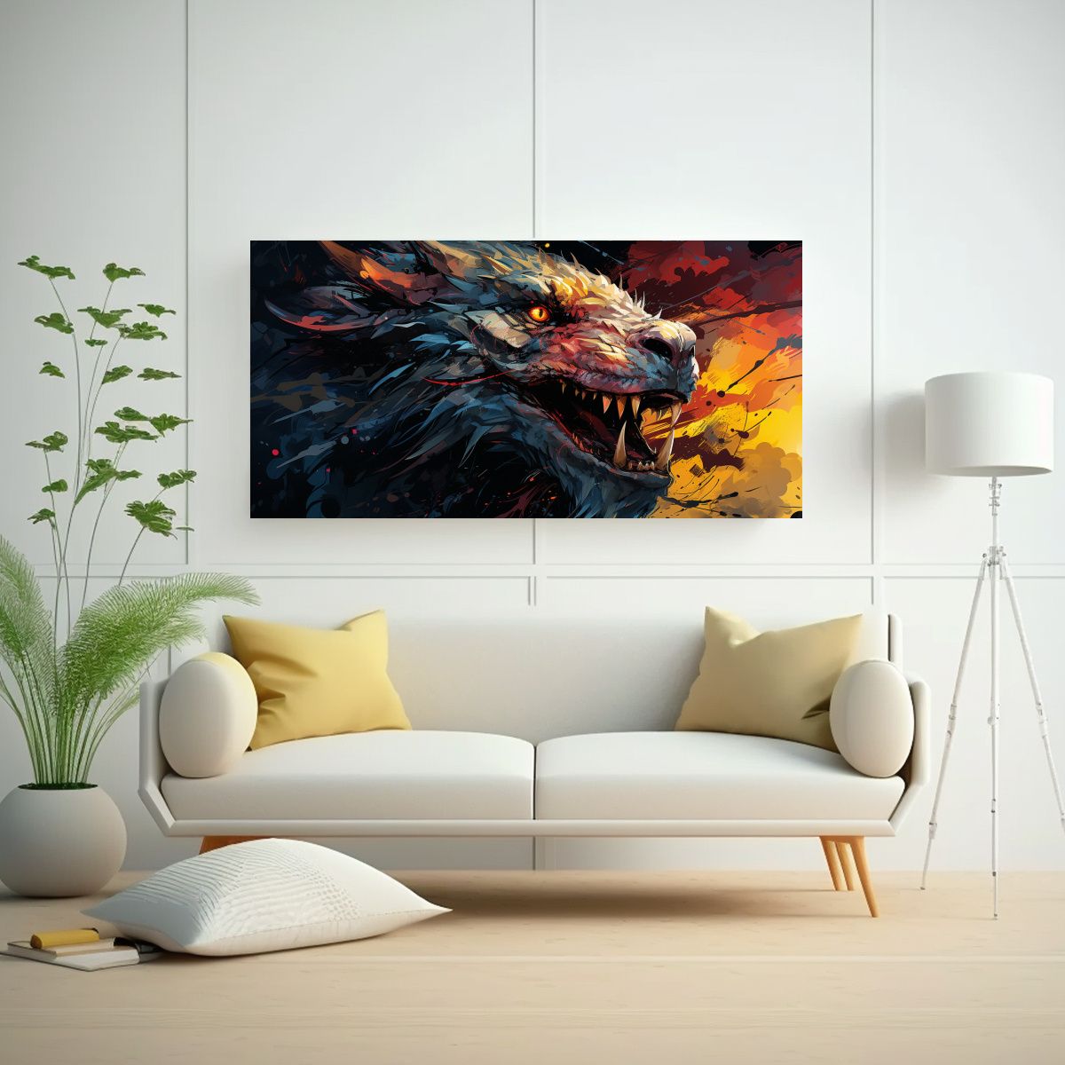 GENERICO - Pintura Lienzo Dragón En Amarillo Y Rojo Neonoir  160x80cm