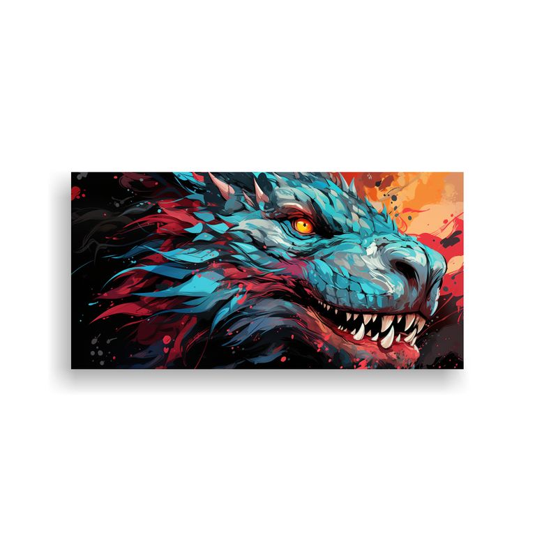 GENERICO - Cuadro Acuarela Temática Dragón En Rojo Y Turque 160x80cm