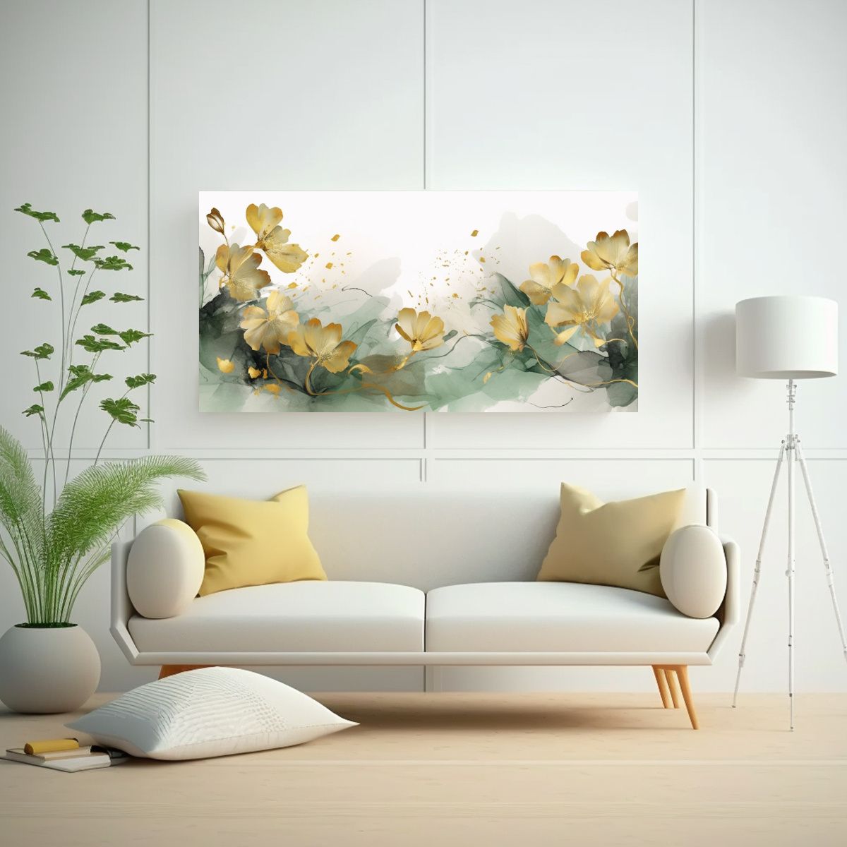 GENERICO - Cuadro Abstracto Floral En Acuarela Verde Y Dorado 160x80cm.