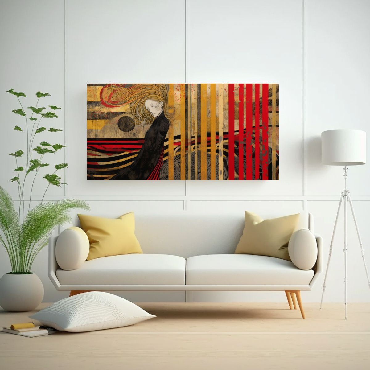 GENERICO - Cuadro Innovador Con Rayas Doradas Y Rojas Sobre N 160x80cm.