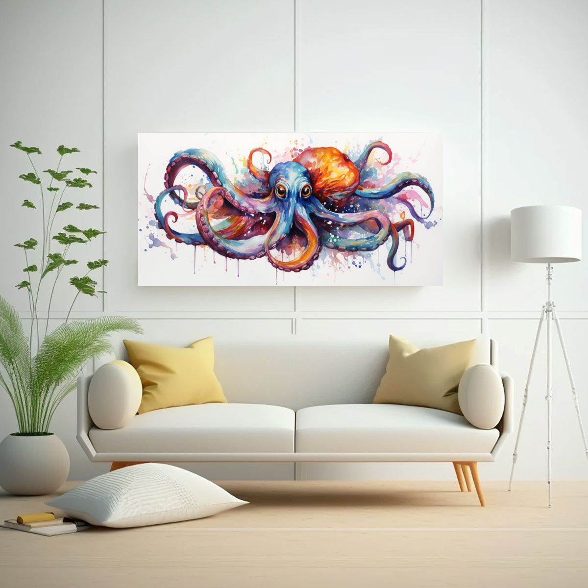 GENERICO - Pintura Acuarela Estilizada De Calamar Colorido 160x80cm