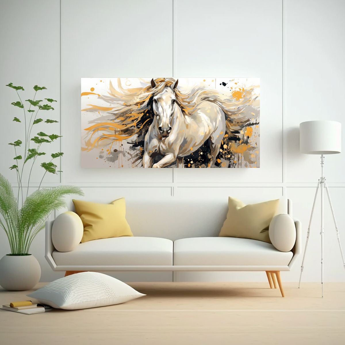 GENERICO - Cuadro Arte Pared Caballo Frisón Blanco Y Oro Est 160x80cm