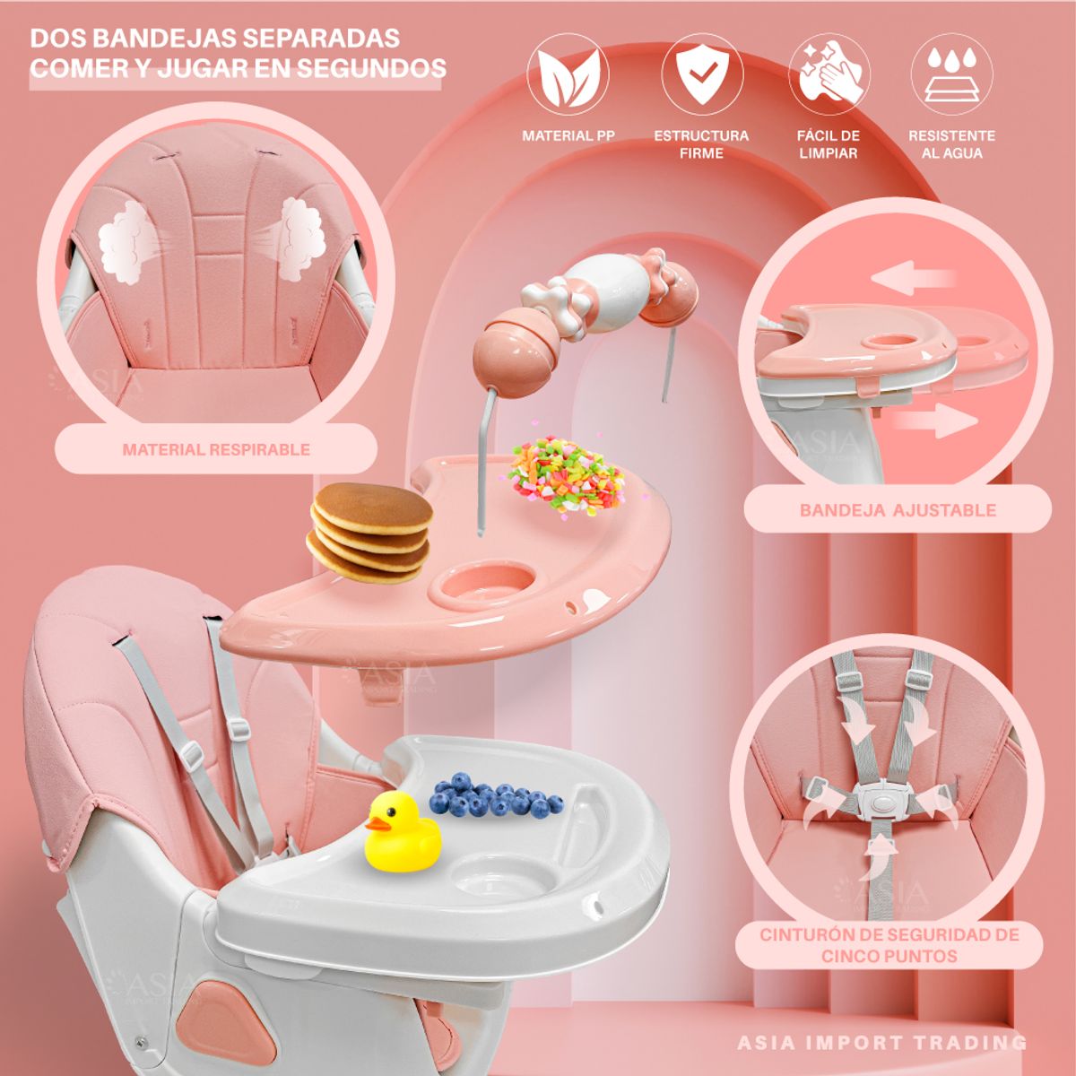 KIDSTAR - Silla de Comer Infantil 4 en 1 Kidstar Rosada – Ajustable, Plegable y Multifuncional