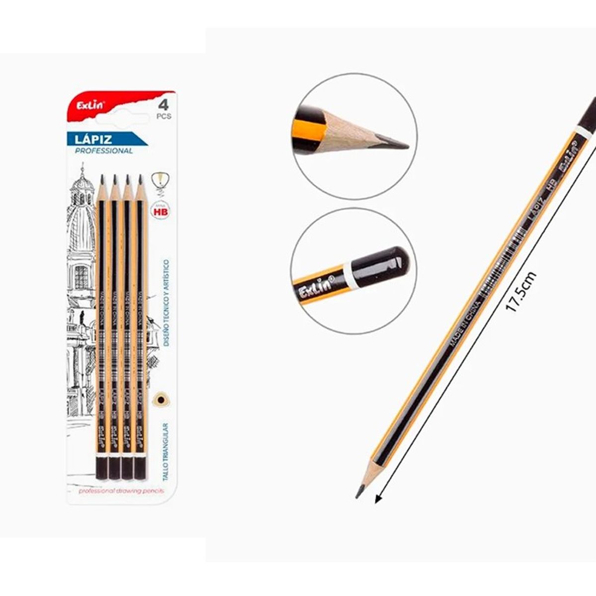 GENERICO - Lápiz Grafito HB Rayas Amarillo con Negro 4pcs