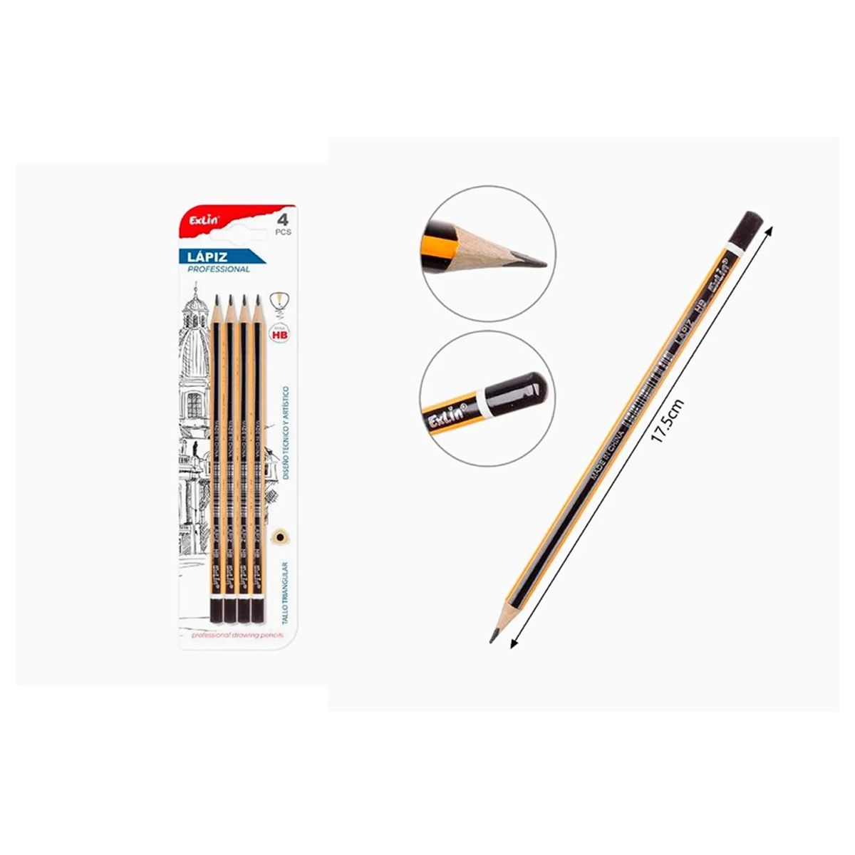 GENERICO - Lápiz Grafito HB Rayas Amarillo con Negro 4pcs