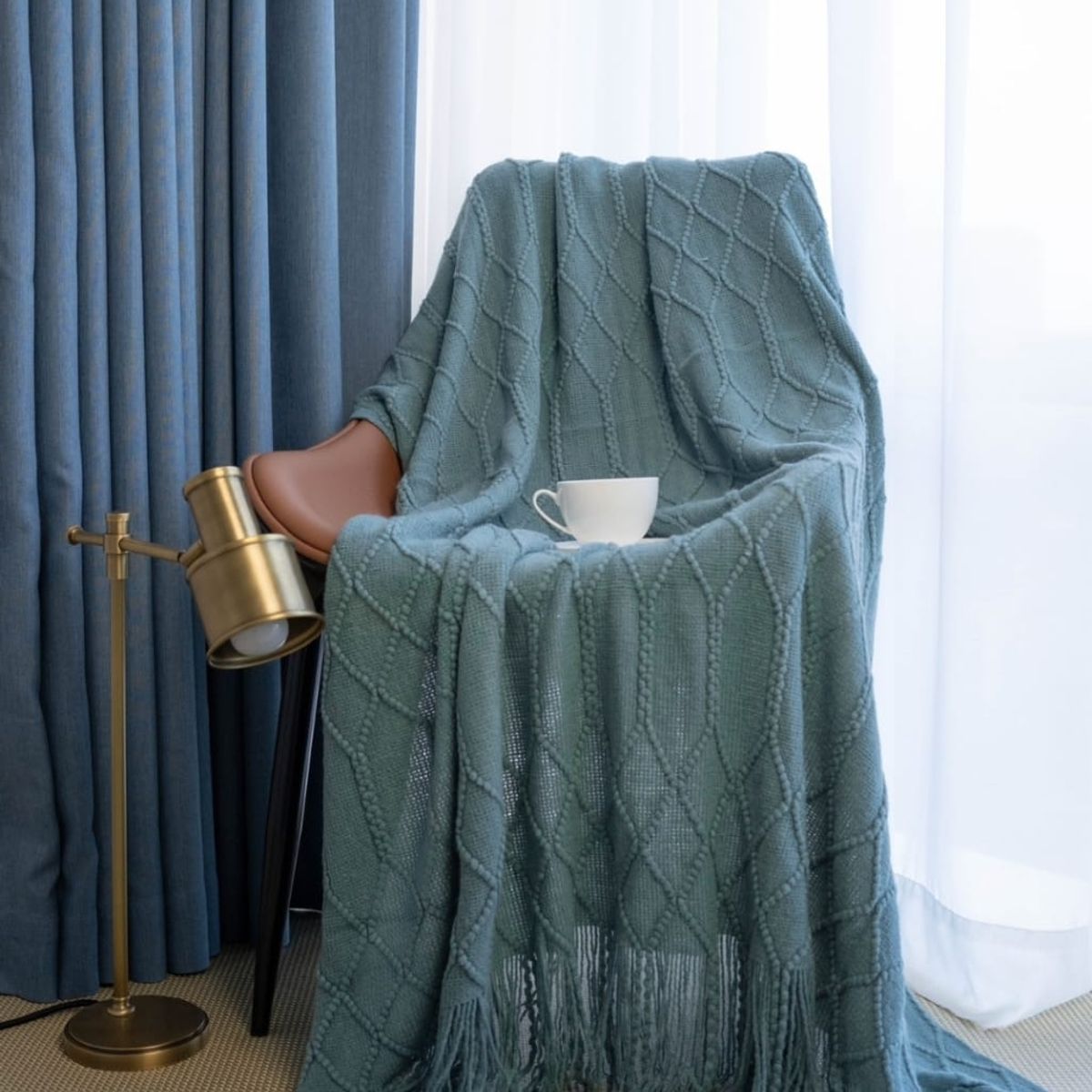 ANGELES DEL HOGAR - Manta de Sofa Con Flecos 172 cm x 127 cm Verde Menta