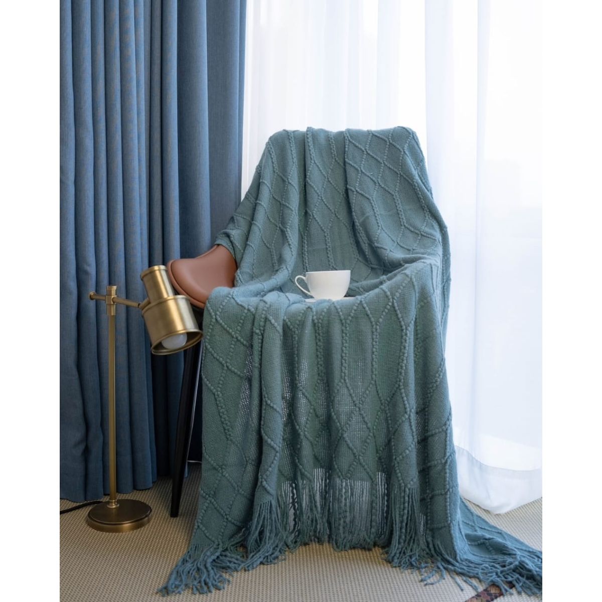 ANGELES DEL HOGAR - Manta de Sofa Con Flecos 172 cm x 127 cm Verde Menta