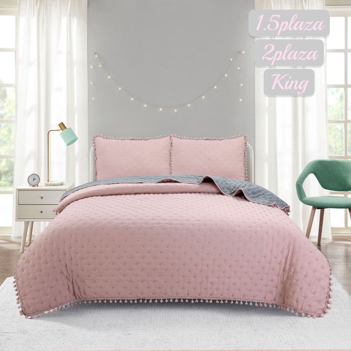 ANGELES DEL HOGAR - Cobertor de Verano Algodon Con Pompon 2  Plazas  Rosa Palo