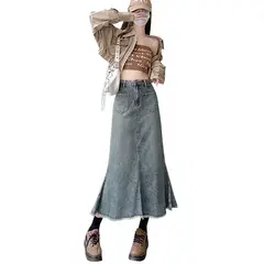 BLWOENS - Falda vaquero de medio busto para mujeres en verano - Azul