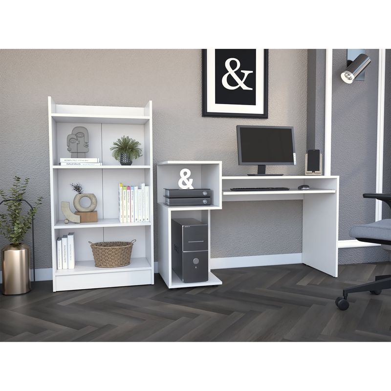 FMFURNITURE - Combo Oficina Escritorio + Biblioteca 3 Niveles - Blanco 120x120x46 cm
