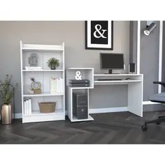 FMFURNITURE - Combo Oficina Escritorio + Biblioteca 3 Niveles - Blanco 120x120x46 cm