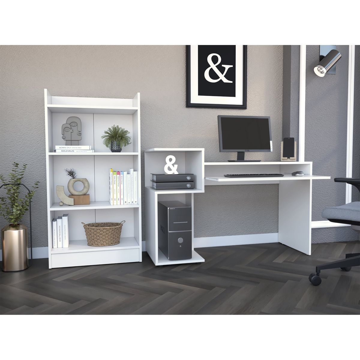 FMFURNITURE - Combo Oficina Escritorio + Biblioteca 3 Niveles - Blanco 120x120x46 cm…