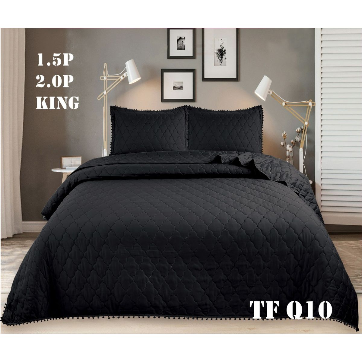 ANGELES DEL HOGAR - Cobertor de Verano Con Pompon King Negro