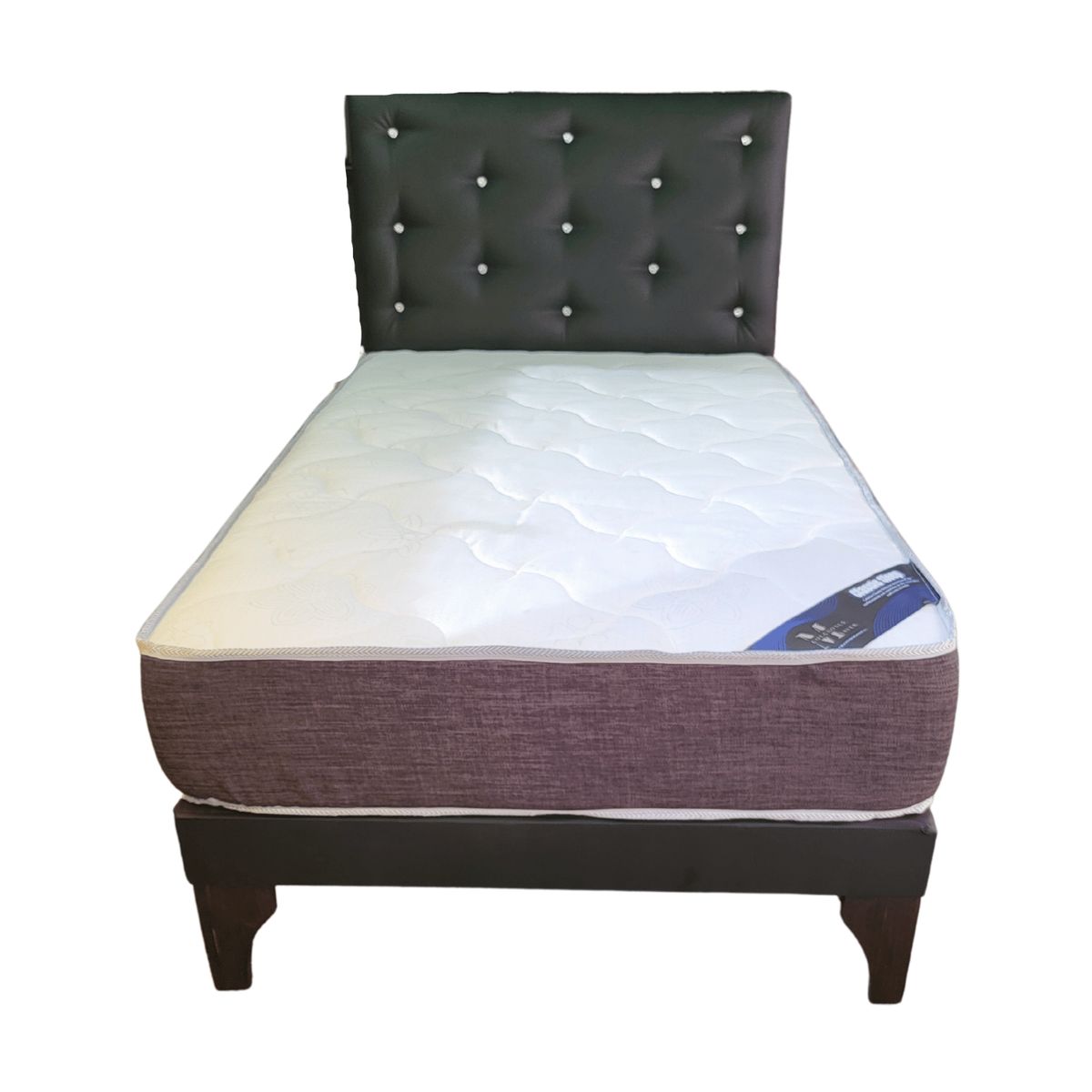 GENERICO - Cama Europea 1 1/2P Respaldo Negro Eco Cuero Colchón Resorte Bonnell